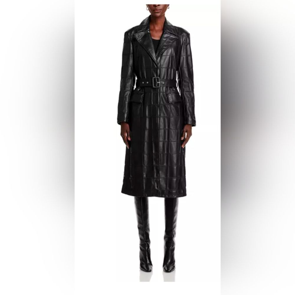 Black Quilted Faux-Leather Belted Trench Coat